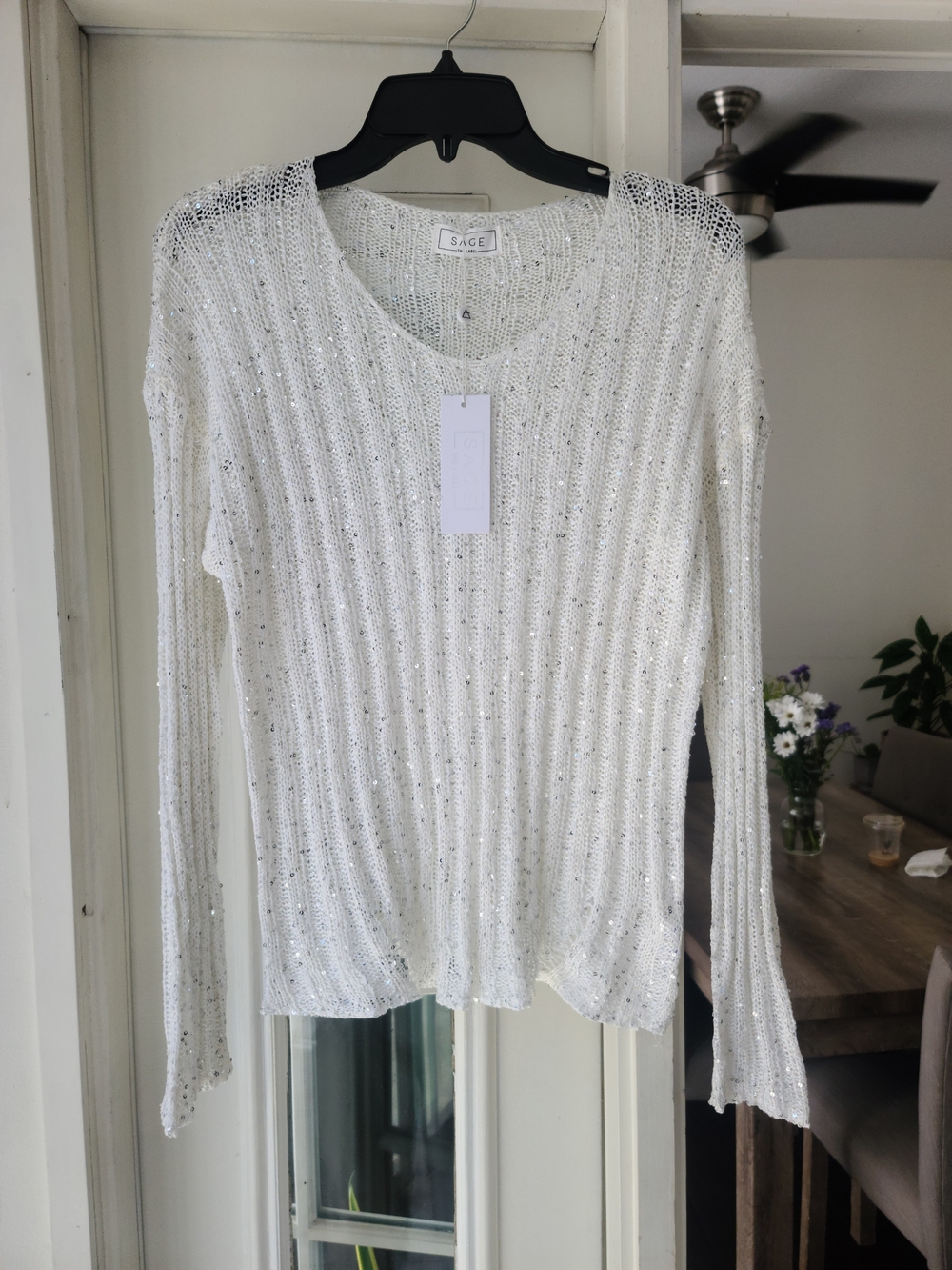 Sage White Open-Knit Sequin-Accent Sweater